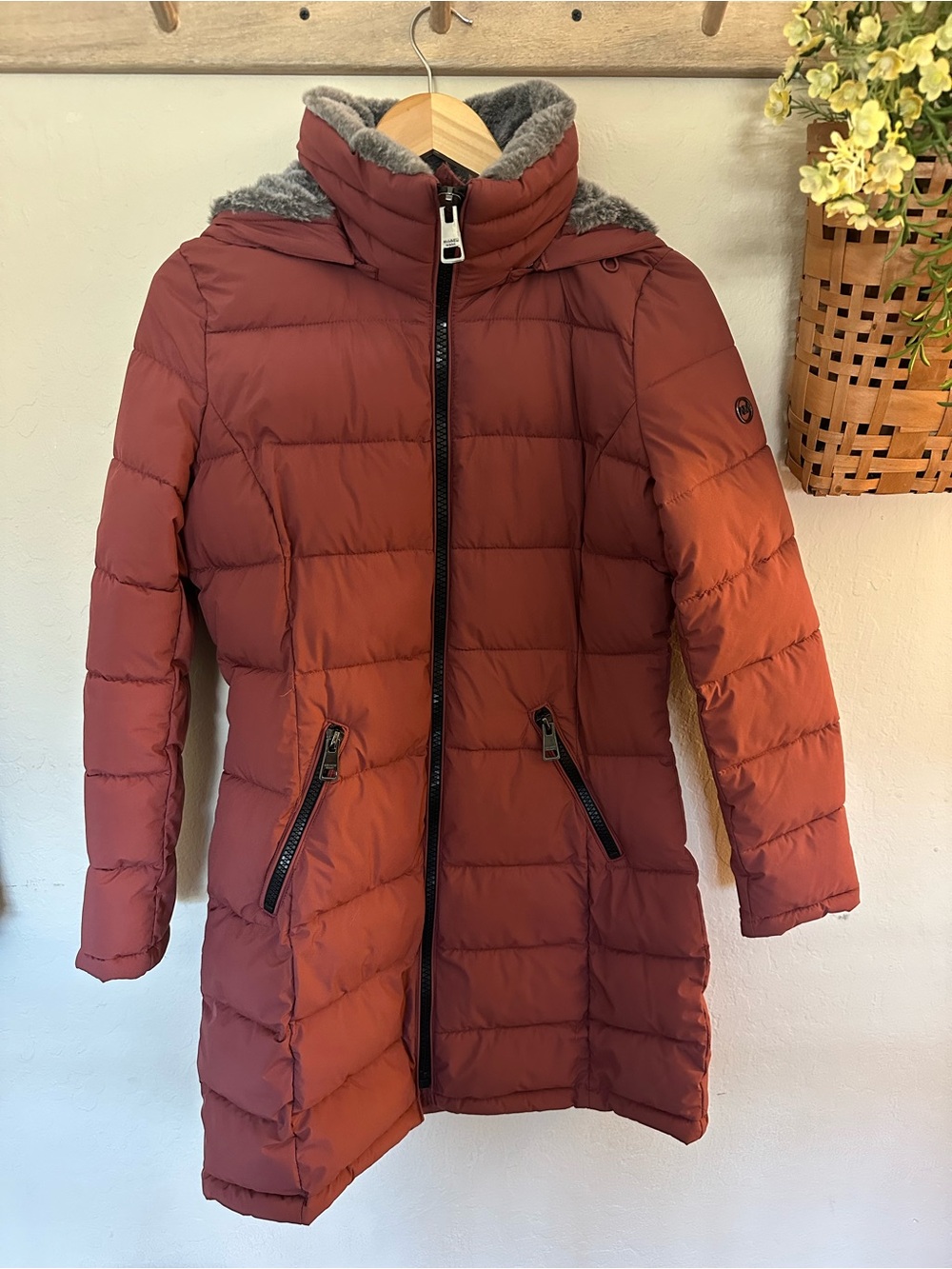 Andrew Marc Brick Red Quilted Puffer Coat with Faux Fur Trim